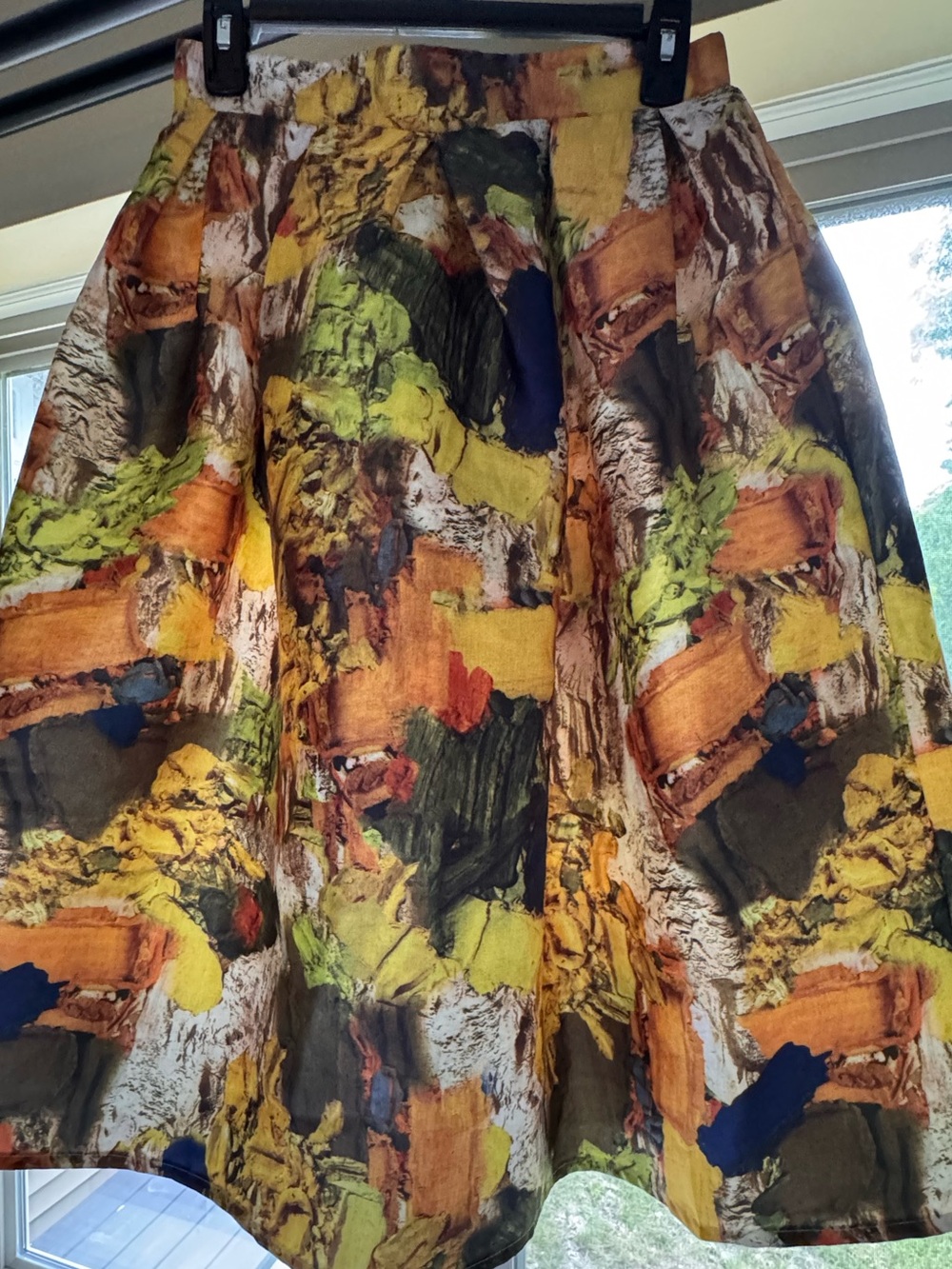 Abstract Landscape Print Pleated Midi Skirt, Lined, Size M